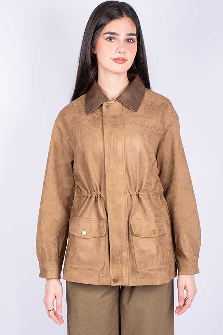 Picture of Leather Collared Suede Jacket - Suede Camel