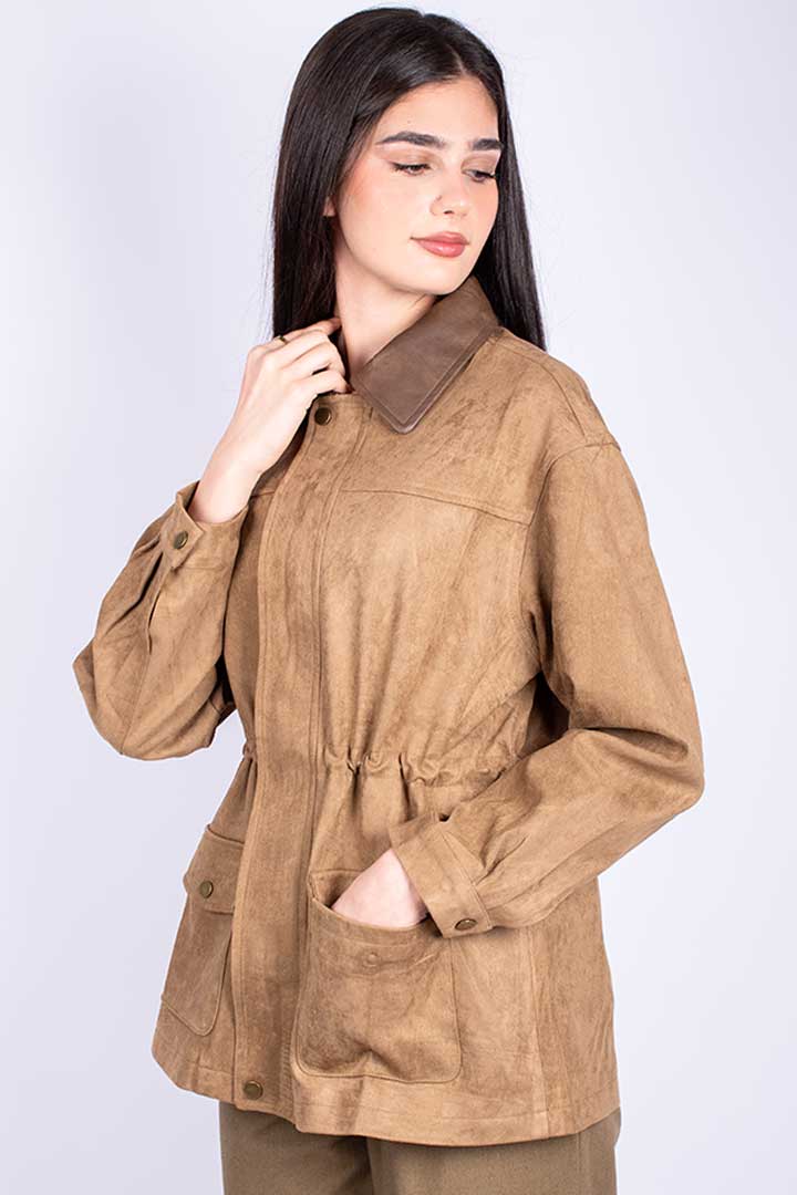 Picture of Leather Collared Suede Jacket - Suede Camel