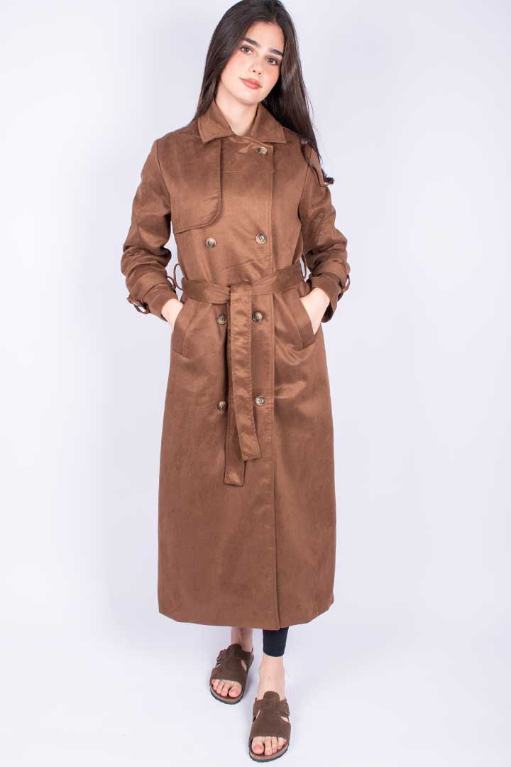 Picture of Long Suede Trench Coat - Suede Camel