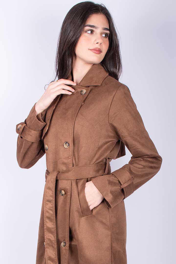 Picture of Long Suede Trench Coat - Suede Camel