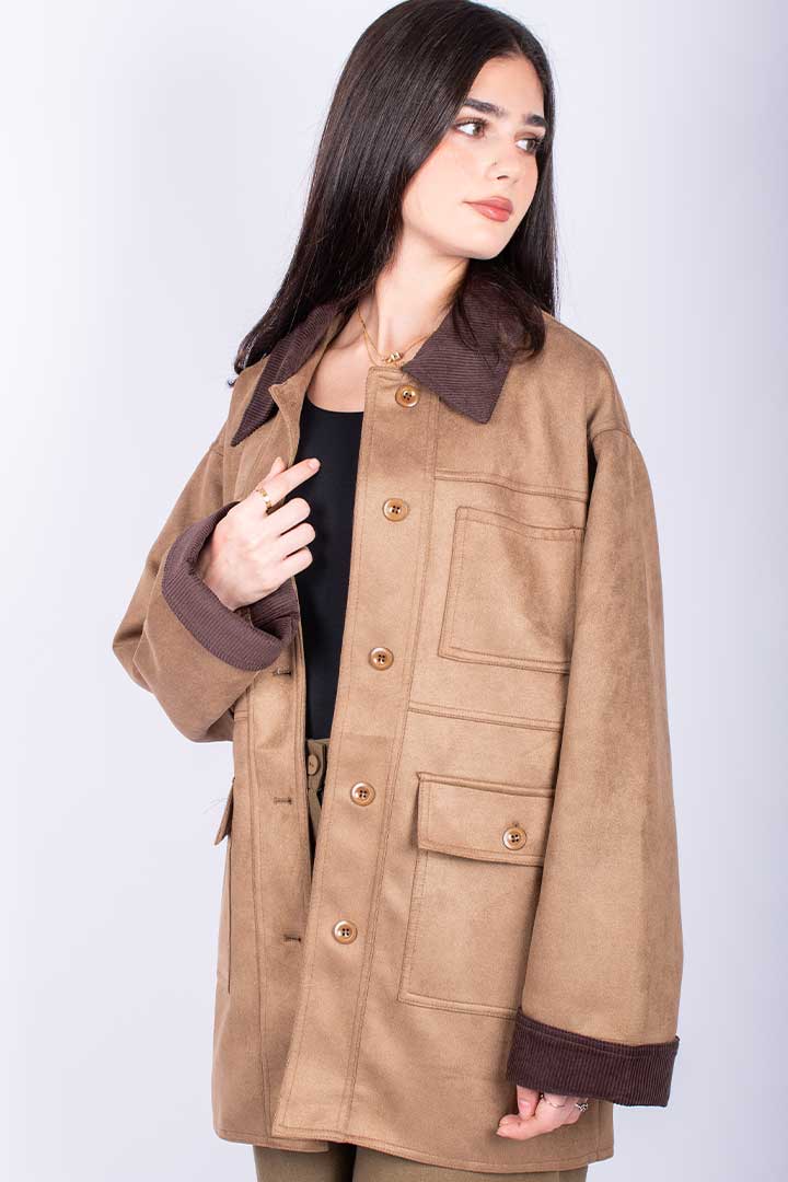 Picture of Ribbed Collar Suede Jacket - Suede Camel