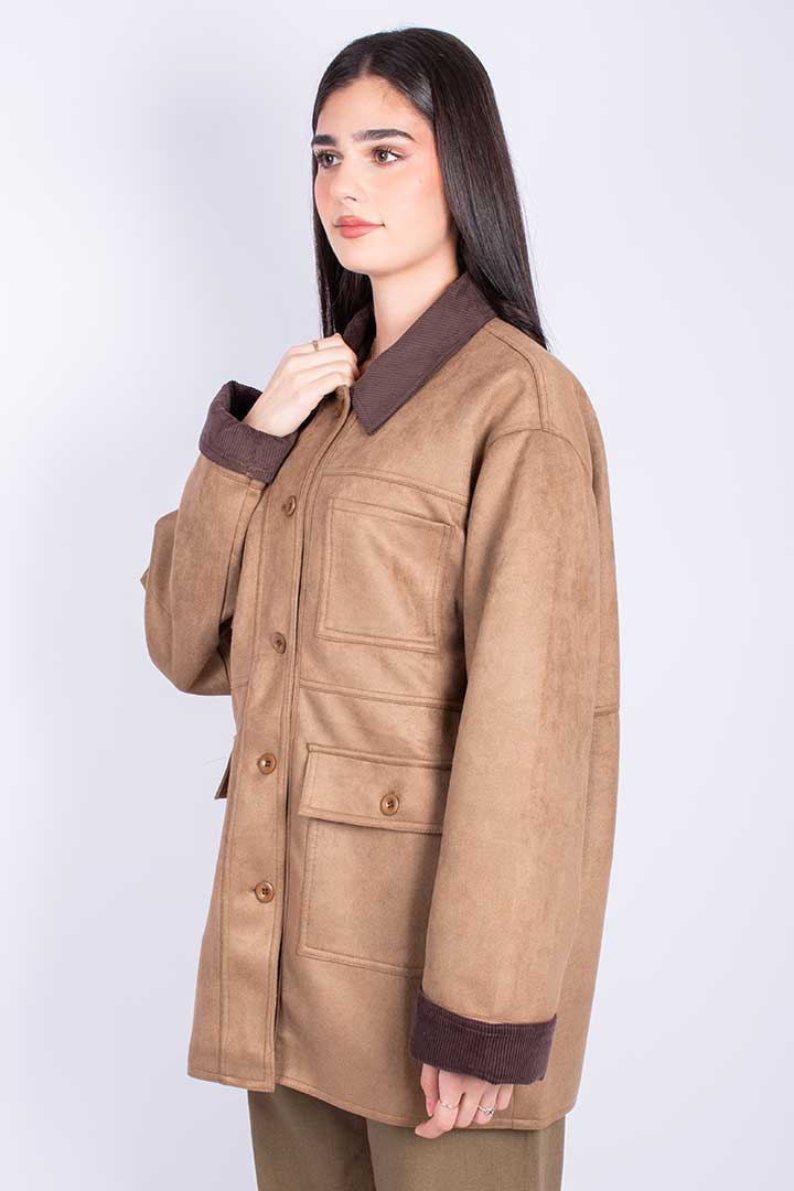 Picture of Ribbed Collar Suede Jacket - Suede Camel