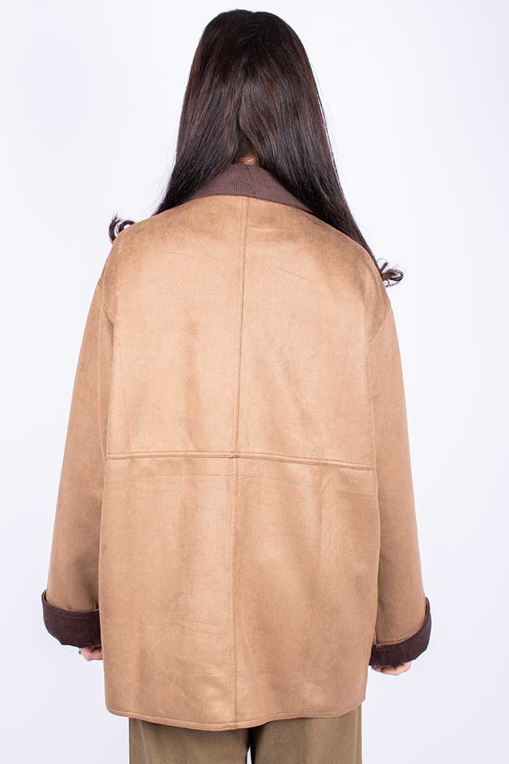 Picture of Ribbed Collar Suede Jacket - Suede Camel