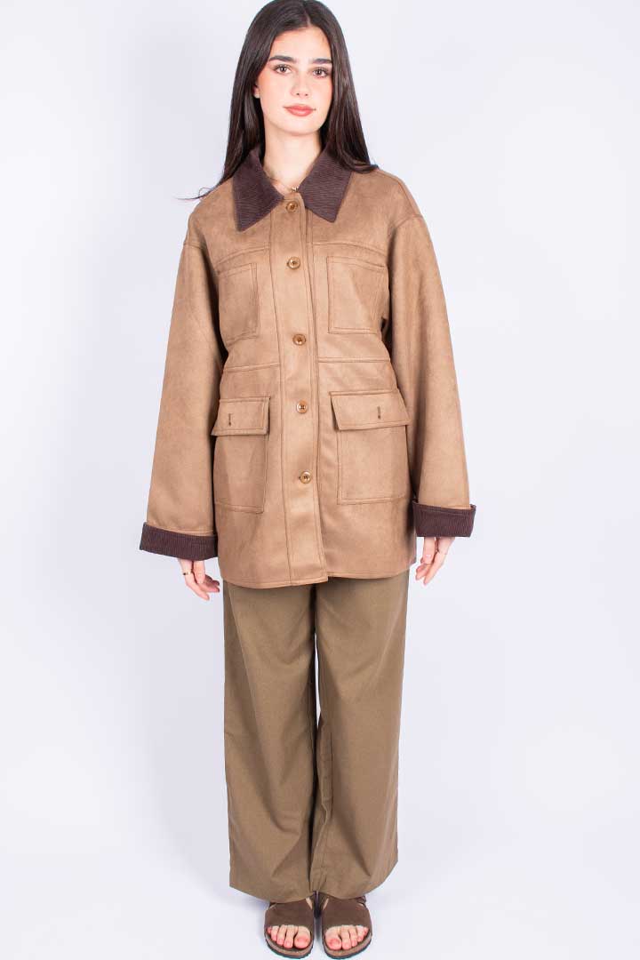 Picture of Ribbed Collar Suede Jacket - Suede Camel