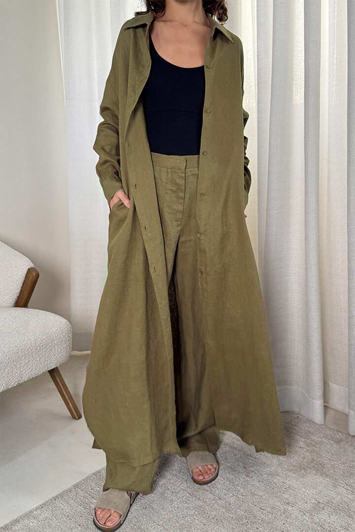 Picture of 100% Linen Long Shirt - Olive Green