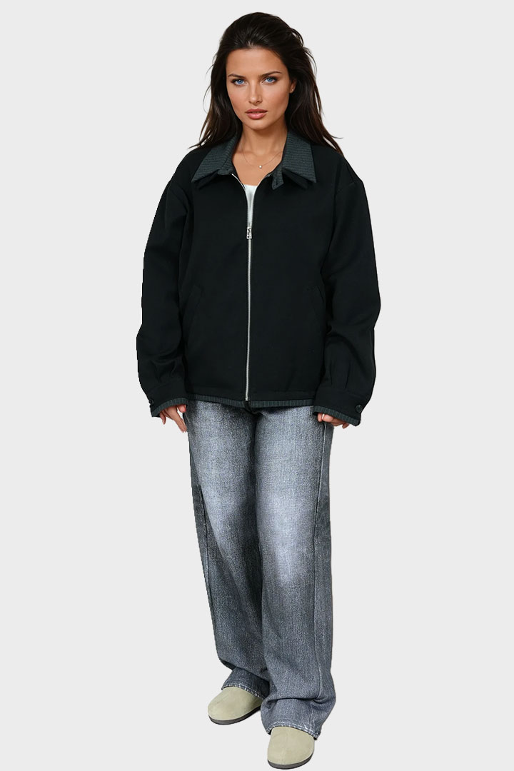 Picture of Contrast Collar Zip-Up Jacket - Black