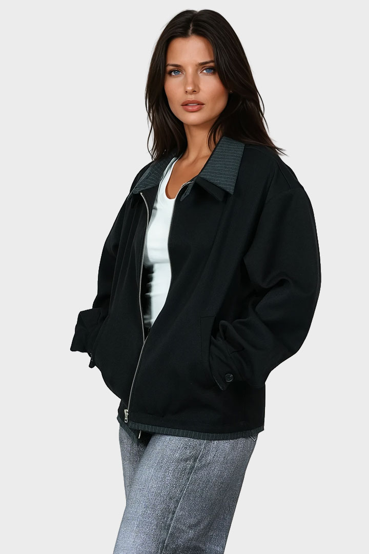 Picture of Contrast Collar Zip-Up Jacket - Black