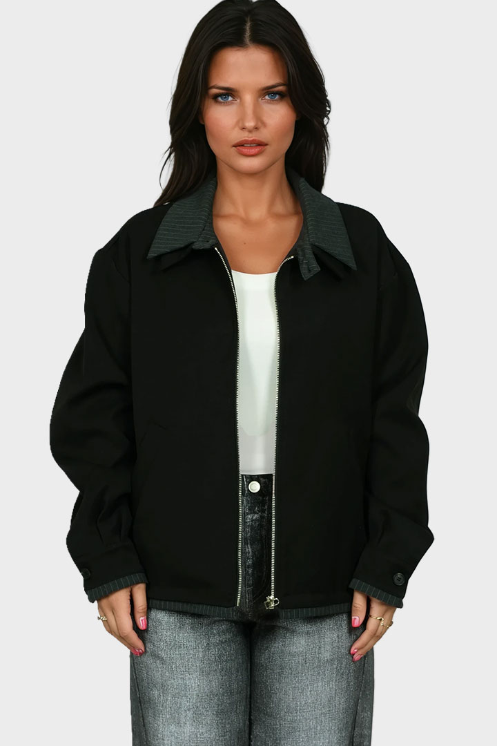 Picture of Contrast Collar Zip-Up Jacket - Black