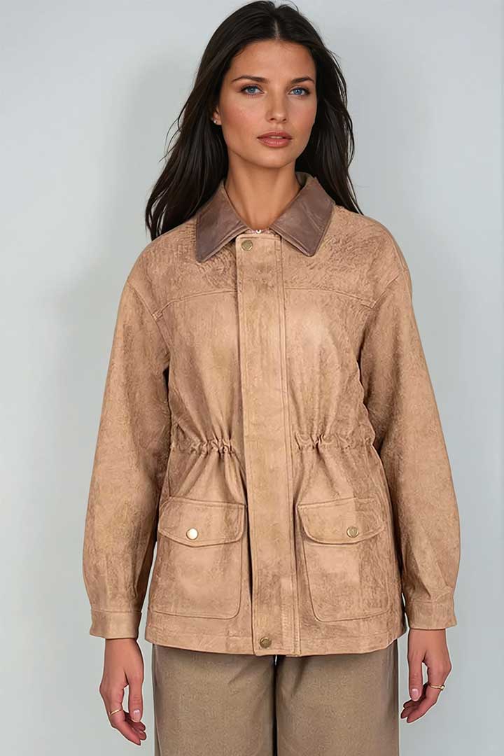Picture of Leather Collared Suede Jacket - Suede Camel