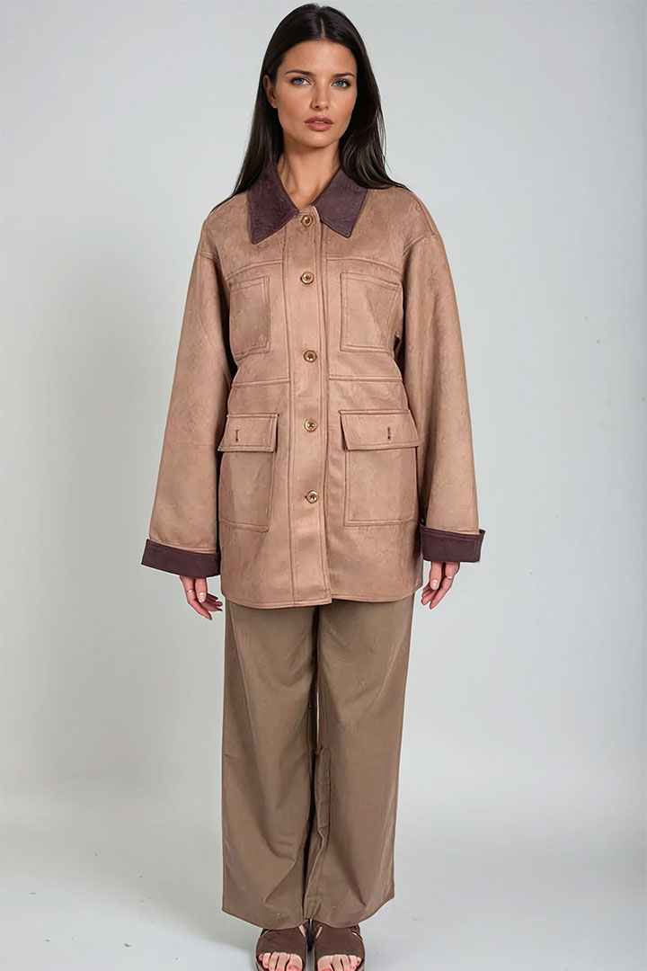 Picture of Ribbed Collar Suede Jacket - Suede Camel