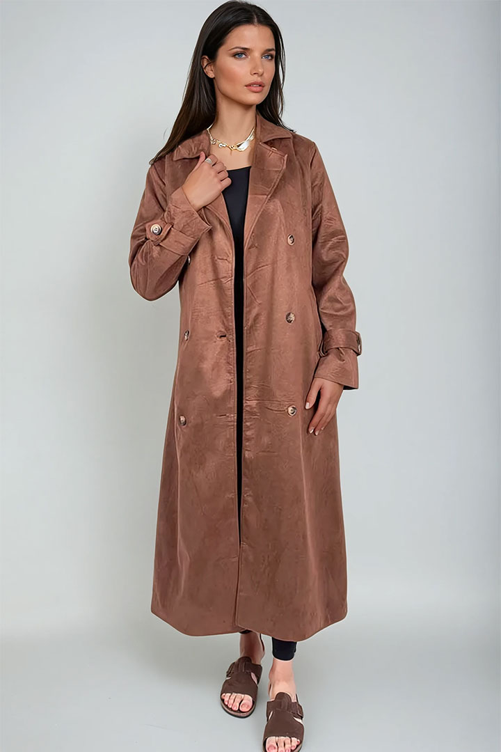 Picture of Long Suede Trench Coat - Suede Camel
