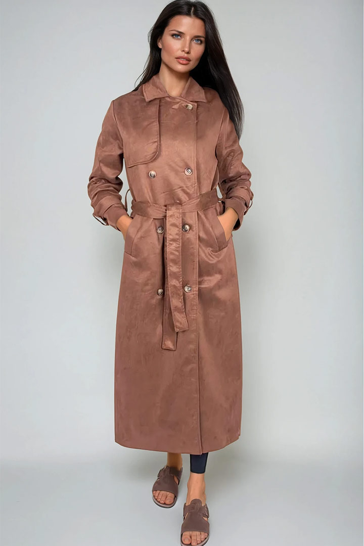Picture of Long Suede Trench Coat - Suede Camel
