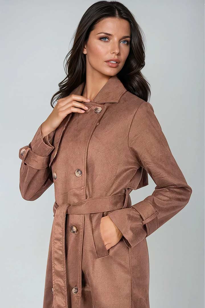 Picture of Long Suede Trench Coat - Suede Camel