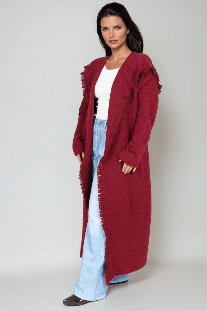 Picture of Fringed Maxi Cardigan - Burgundy