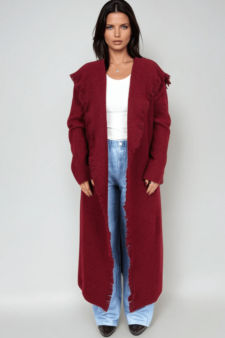 Picture of Fringed Maxi Cardigan - Burgundy