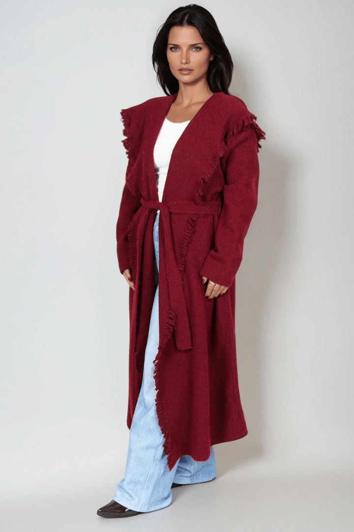 Picture of Fringed Maxi Cardigan - Burgundy