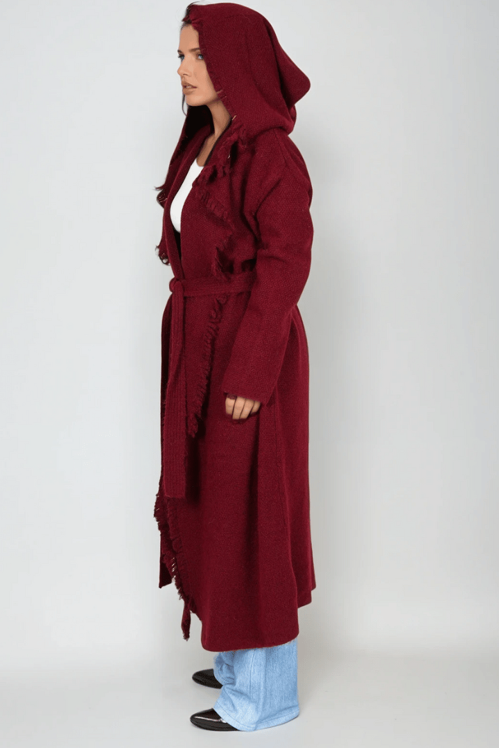 Picture of Fringed Maxi Cardigan - Burgundy