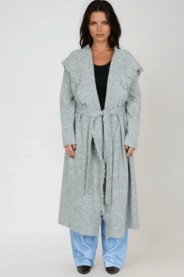 Picture of Fringed Maxi Cardigan - Grey