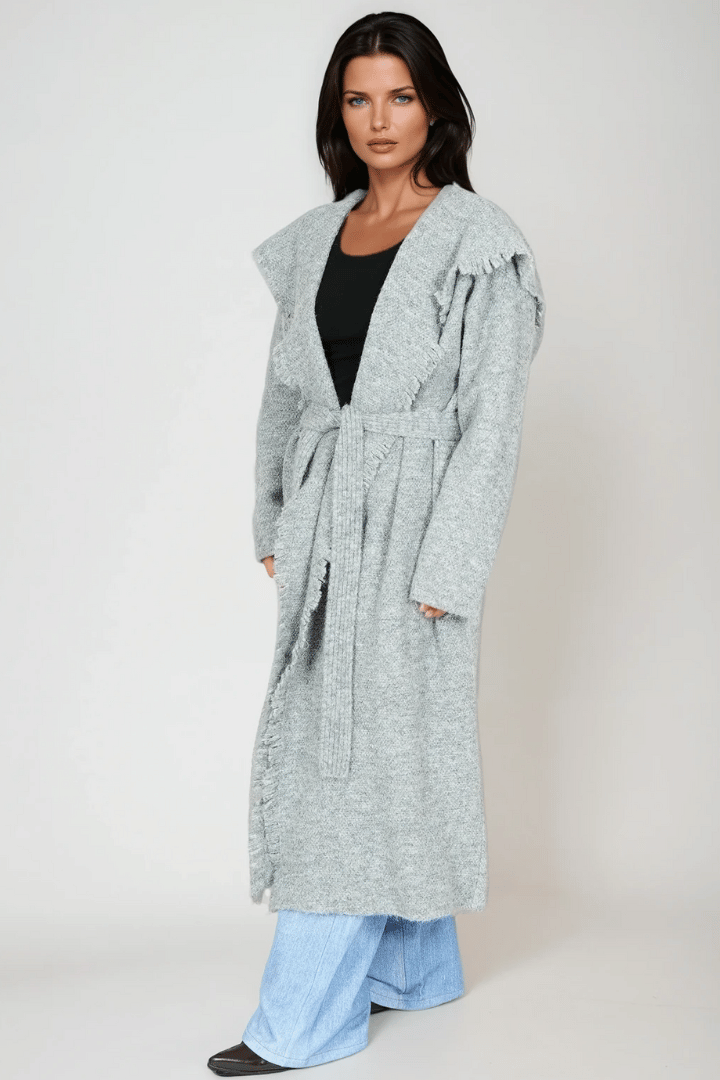 Picture of Fringed Maxi Cardigan - Grey