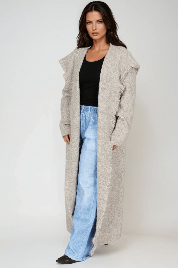 Picture of Fringed Maxi Cardigan - Khaki