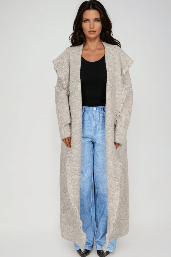 Picture of Fringed Maxi Cardigan - Khaki