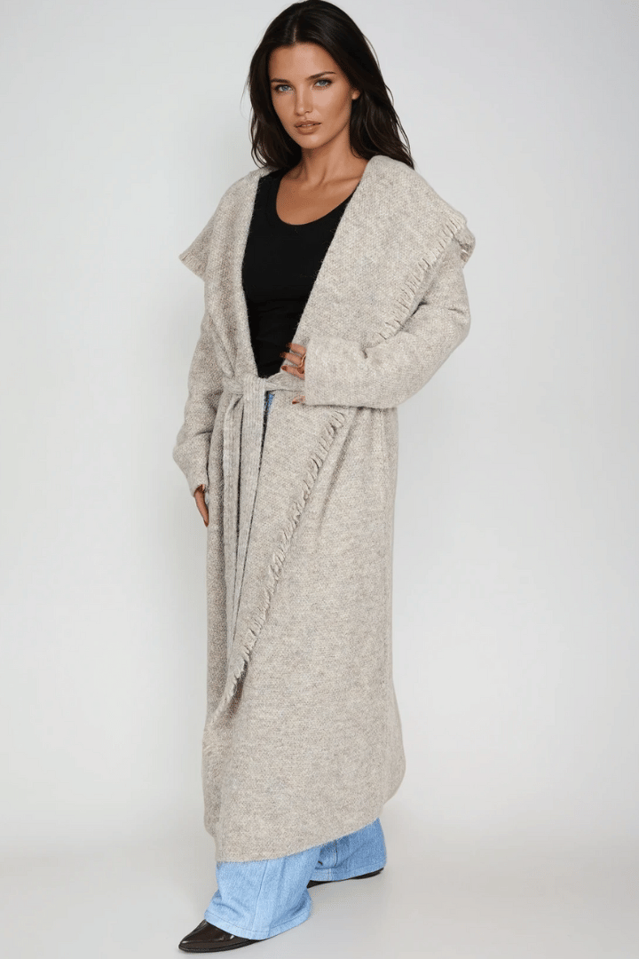 Picture of Fringed Maxi Cardigan - Khaki